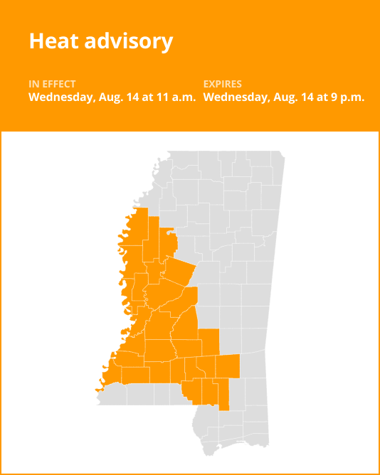 Claiborne and Adams counties under a heat advisory Wednesday