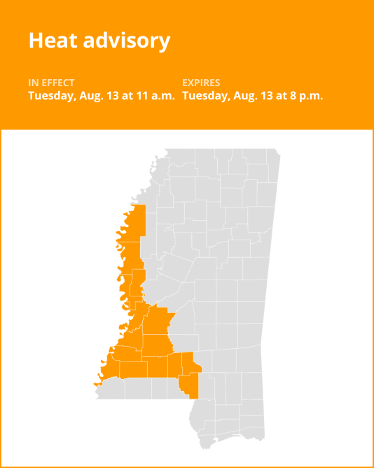 Heat advisory affecting Claiborne and Adams counties Tuesday