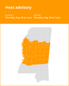 Heat advisory affecting southwest Mississippi until Thursday evening