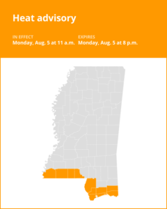 Heat advisory affecting Wilkinson and Amite counties Monday