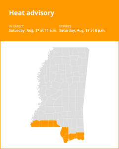 Heat advisory for Wilkinson and Amite counties for Saturday