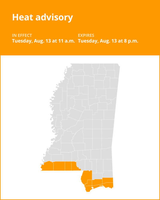 Heat advisory issued for Wilkinson and Amite counties for Tuesday