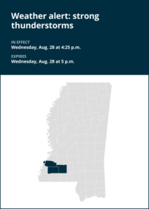 Prepare for strong thunderstorms in southwest Mississippi early Wednesday evening