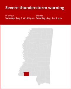 Thunderstorms with damaging winds and nickel-sized hail in Amite County Saturday