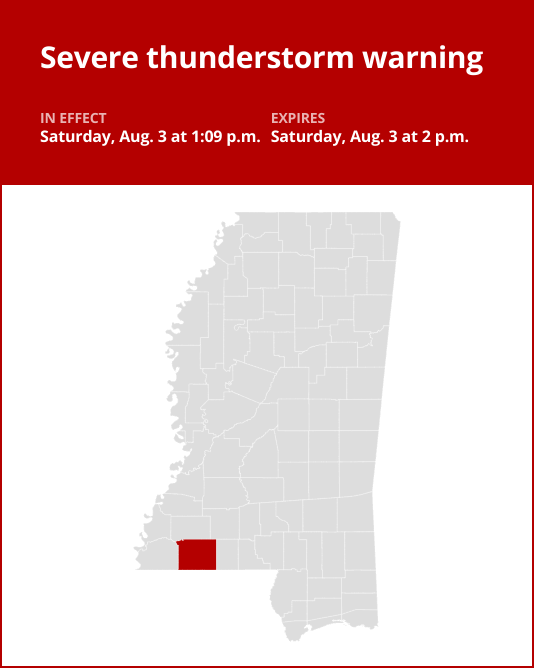 Thunderstorms with damaging winds and nickel-sized hail in Amite County Saturday