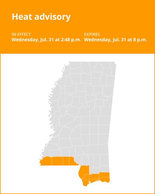 Update: Wilkinson and Amite counties under a heat advisory until Wednesday evening