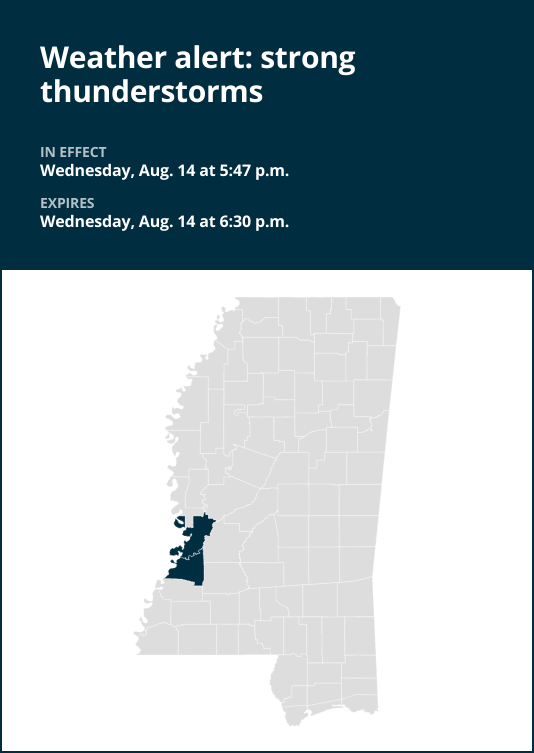 Weather alert for strong thunderstorms in Claiborne County Wednesday evening