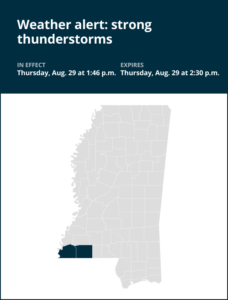 Weather alert for strong thunderstorms in southwest Mississippi Thursday afternoon