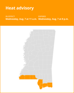 Wilkinson and Amite counties under a heat advisory Wednesday