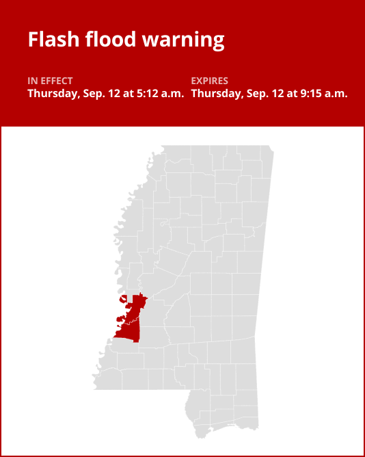 Flash flood warning issued for southwest Mississippi until Thursday morning