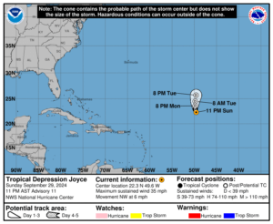 Latest on Tropical Depression Joyce: Sunday, Sep 29 update from the NHC