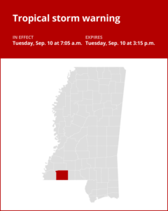 Tropical storm warning for Amite County until Tuesday afternoon