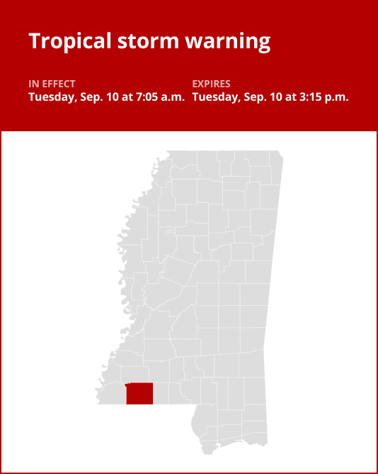 Tropical storm warning for Amite County until Tuesday afternoon