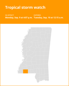 Tropical storm watch affecting Amite County until early Tuesday