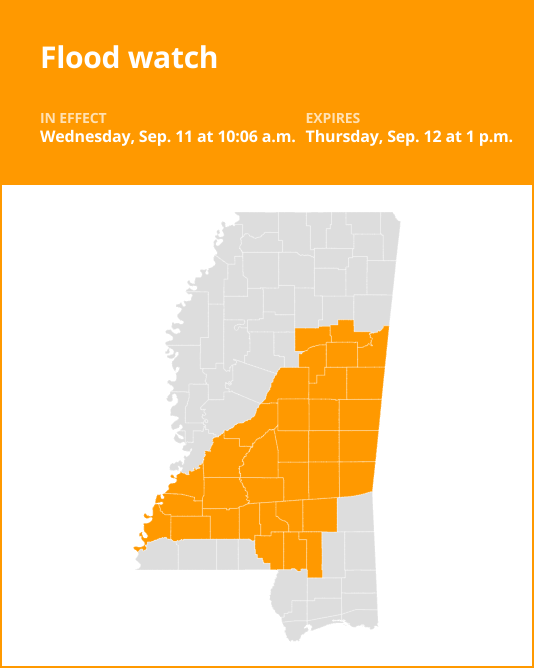 Update: Flood watch affecting southwest Mississippi until Thursday afternoon