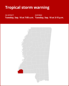 Wilkinson County under a tropical storm warning until Tuesday afternoon