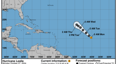 Category 1 Hurricane Leslie: Monday, Oct 7 development update from the National Hurricane Center