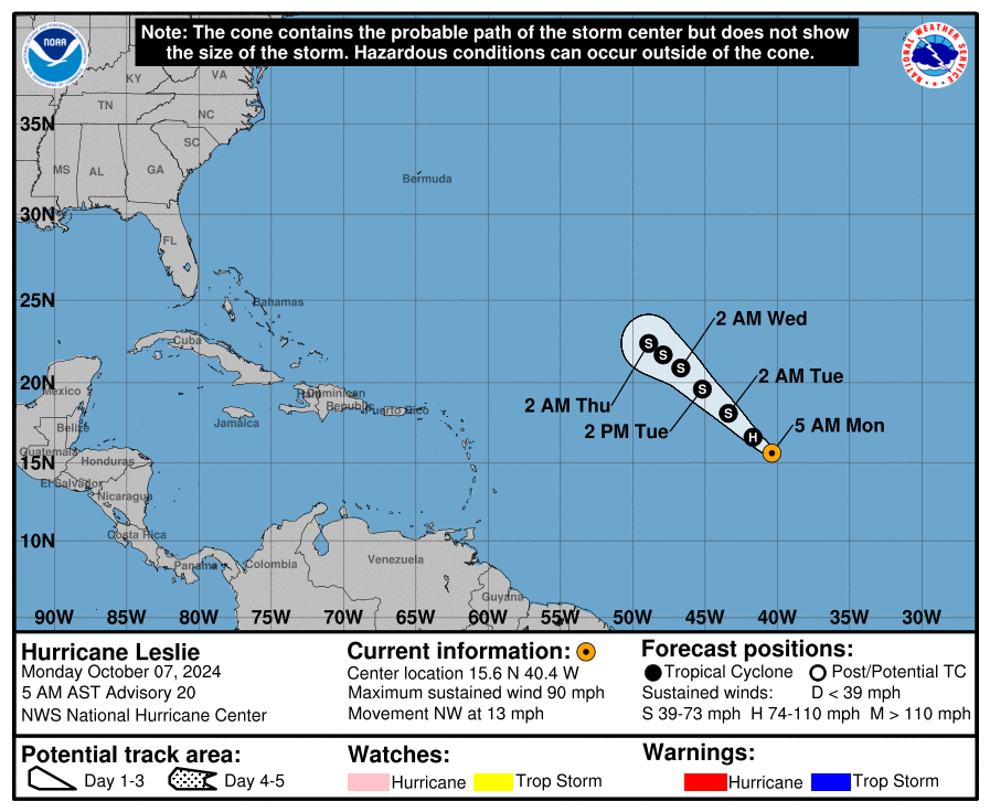 Category 1 Hurricane Leslie: Monday, Oct 7 development update from the National Hurricane Center