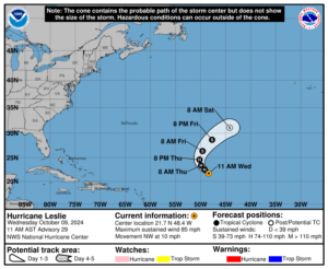 Category 1 Hurricane Leslie: Wednesday, Oct 9 status report from the National Hurricane Center