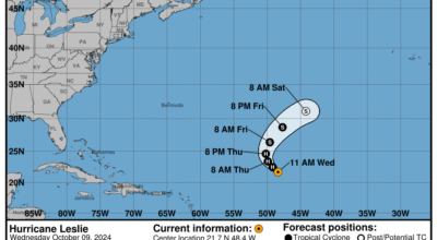 Category 1 Hurricane Leslie: Wednesday, Oct 9 status report from the National Hurricane Center