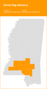 Dense fog advisory affecting southwest Mississippi Tuesday