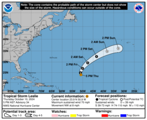 Latest on Tropical Storm Leslie: Thursday, Oct 10 update from the National Hurricane Center