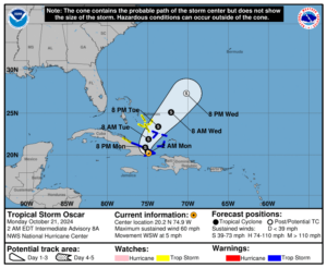 Monday, Oct 21 update: Latest on Tropical Storm Oscar from the NHC