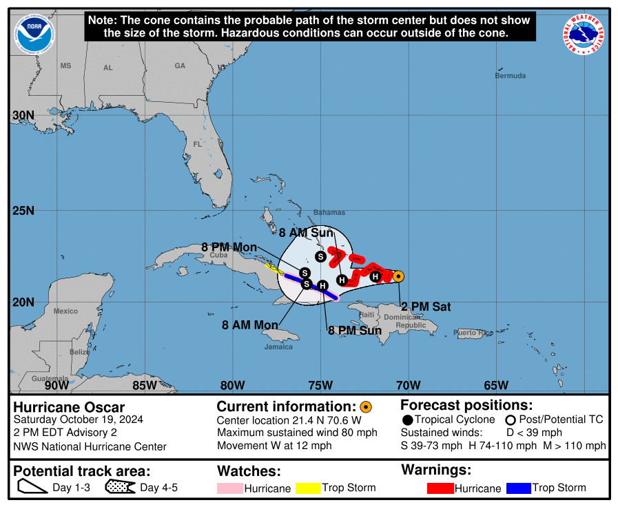 Update from Saturday, October 19: The latest on the Category 1 Hurricane Oscar from the National Hurricane Center