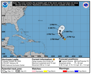 Tuesday, Oct 8: Latest developments on Category 1 Hurricane Leslie from the NHC