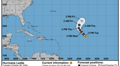 Tuesday, Oct 8: Latest developments on Category 1 Hurricane Leslie from the NHC