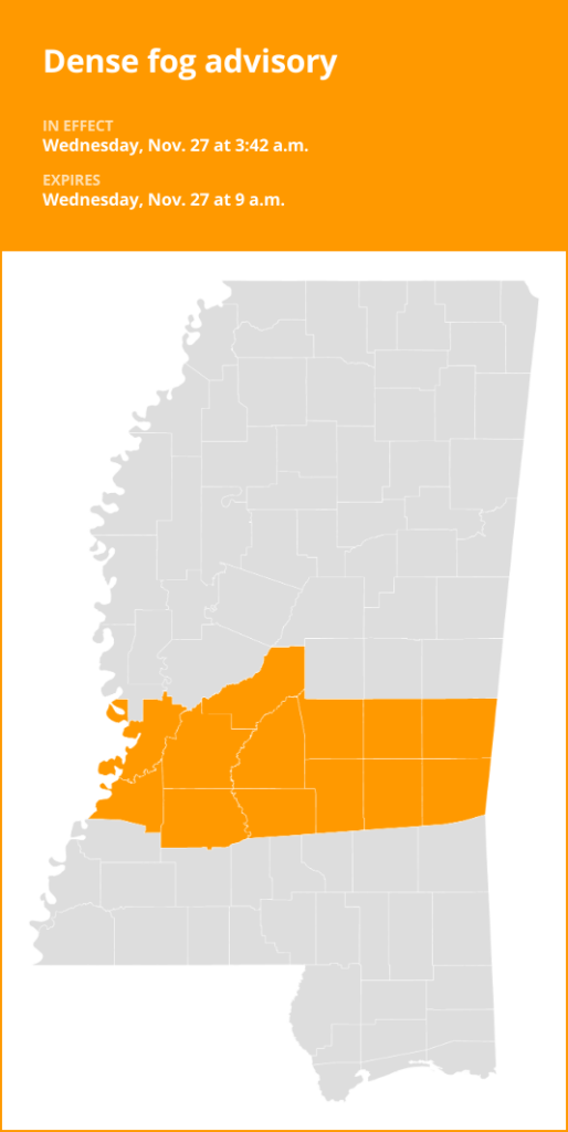 Dense fog advisory issued for southwest Mississippi until Wednesday morning