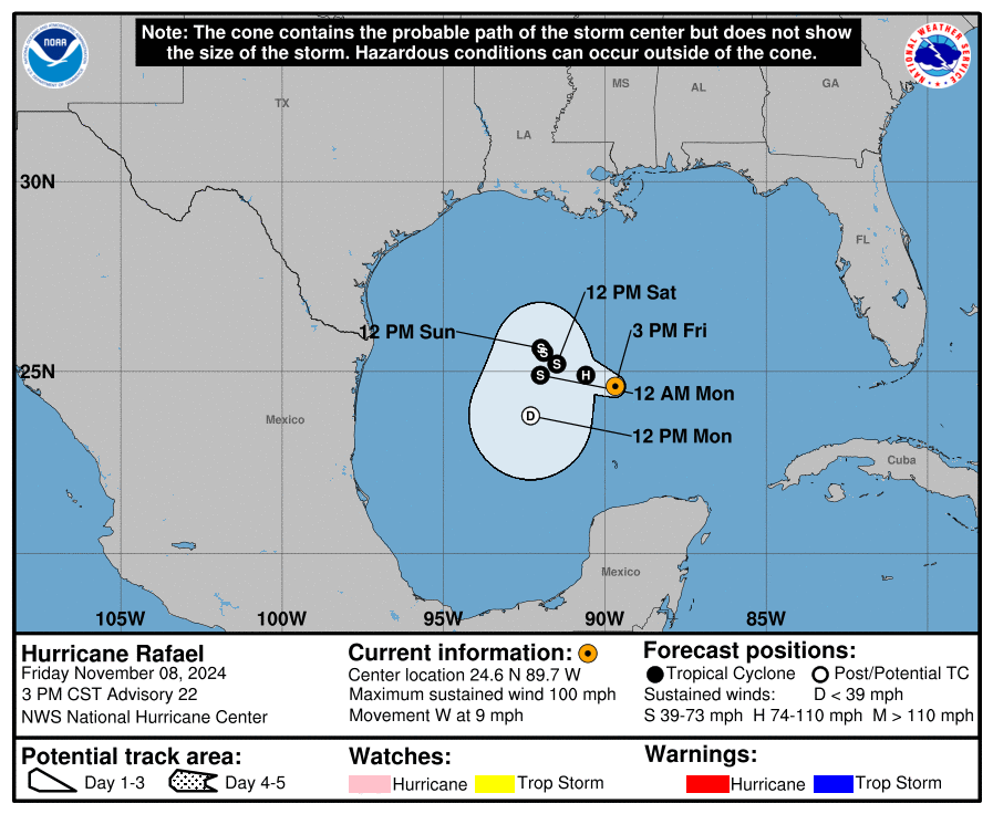 Latest update from the National Hurricane Center on Category 2 Hurricane Rafael for Friday, Nov 8