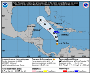 Latest update from the NHC on the Potential Tropical Cyclone for Sunday, Nov 3