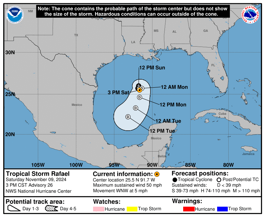 Latest update from the NHC on Tropical Storm Rafael for Saturday, Nov 9