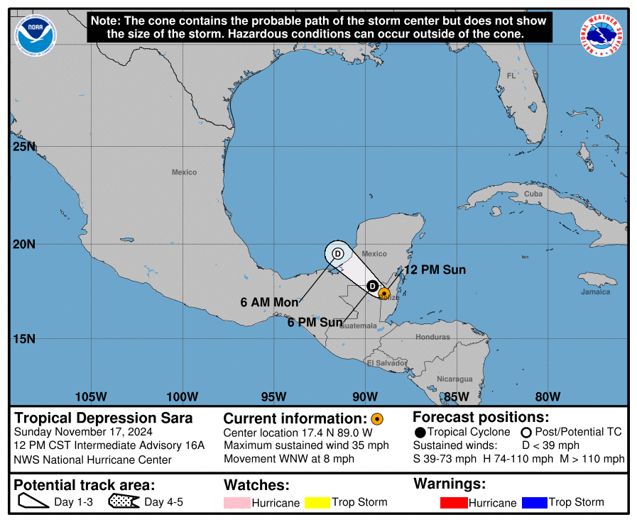 Sunday, Nov 17: NHC's update on Tropical Depression Sara