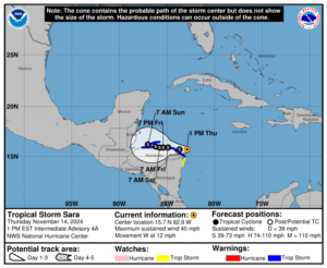 Thursday, Nov 14: Latest insights on Tropical Storm Sara from the National Hurricane Center