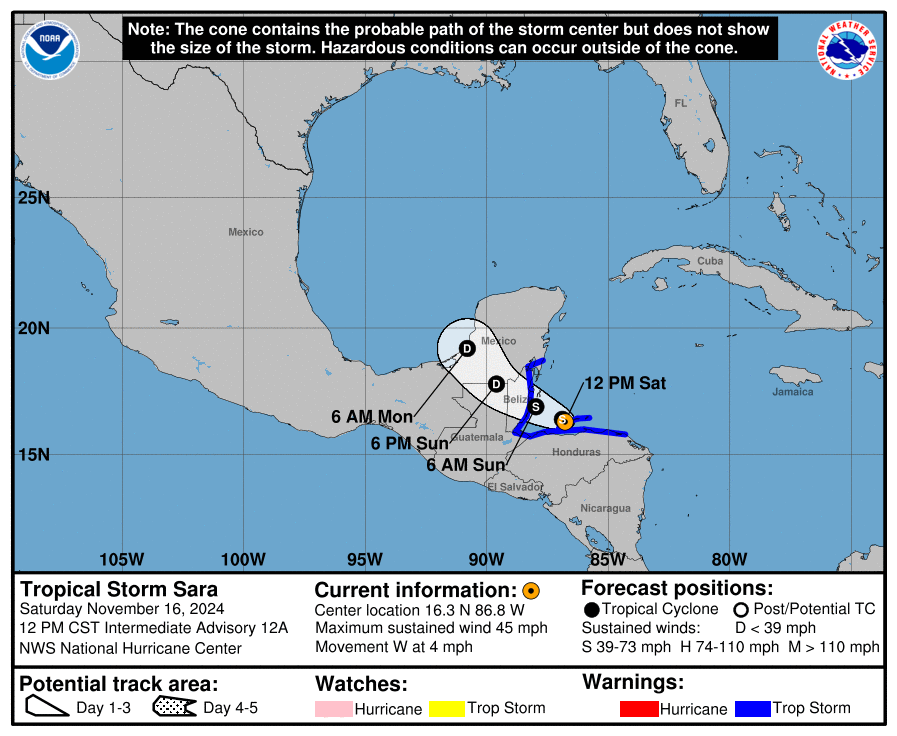 Tropical Storm Sara: Saturday, Nov 16 progress report from the National Hurricane Center