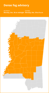 Dense fog advisory affecting southwest Mississippi Monday