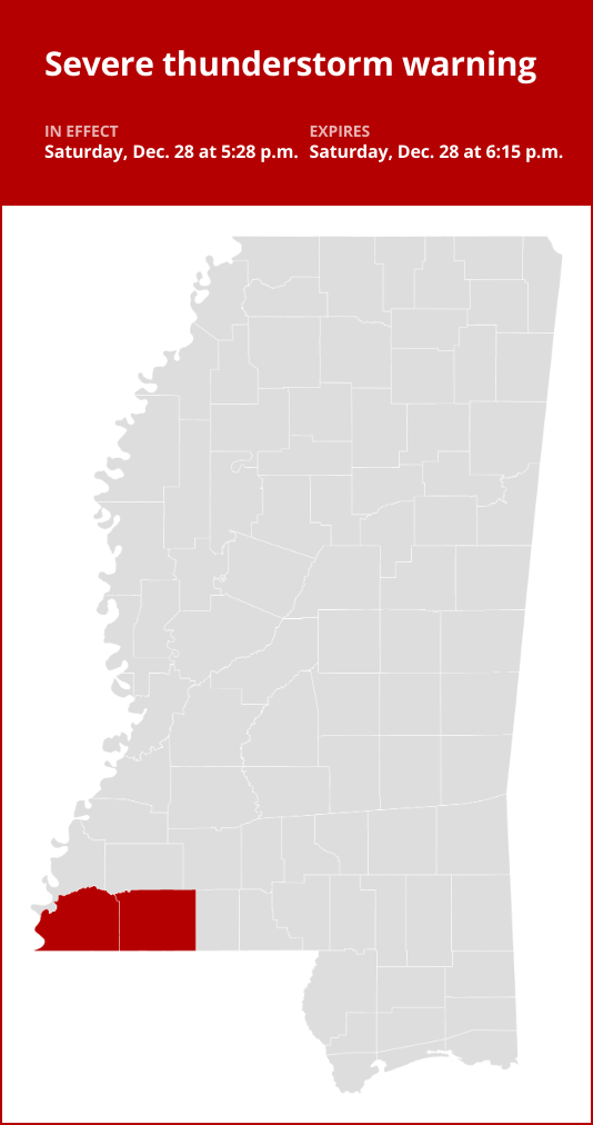 Thunderstorms with damaging winds and penny-sized hail in southwest Mississippi Saturday