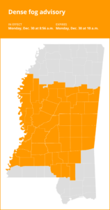 Update: Dense fog advisory affecting southwest Mississippi Monday morning