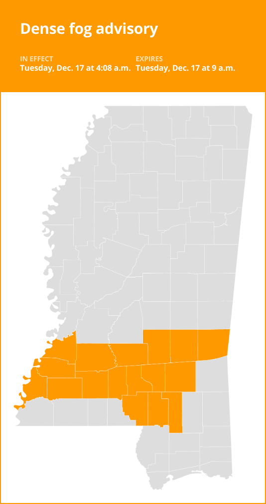 Update: Dense fog advisory issued for southwest Mississippi until Tuesday morning