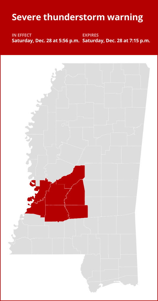 Update: Thunderstorms with quarter-sized hail and damaging winds in southwest Mississippi Saturday