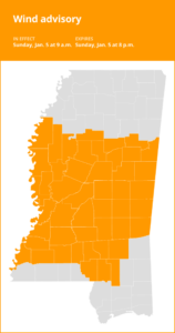 Southwest Mississippi under a wind advisory until Sunday evening