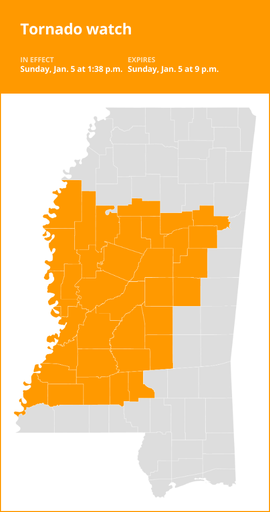 Tornado watch issued for southwest Mississippi until Sunday night