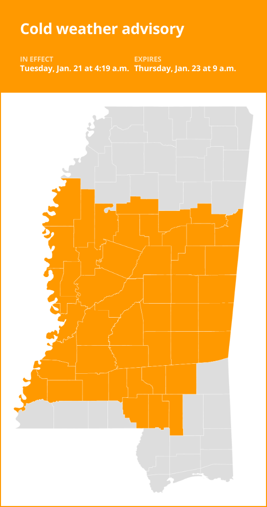 Update: Cold weather advisory issued for southwest Mississippi until Thursday morning