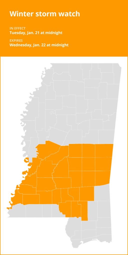 Winter storm watch for southwest Mississippi for Tuesday and Wednesday – up to 4 inches of snow