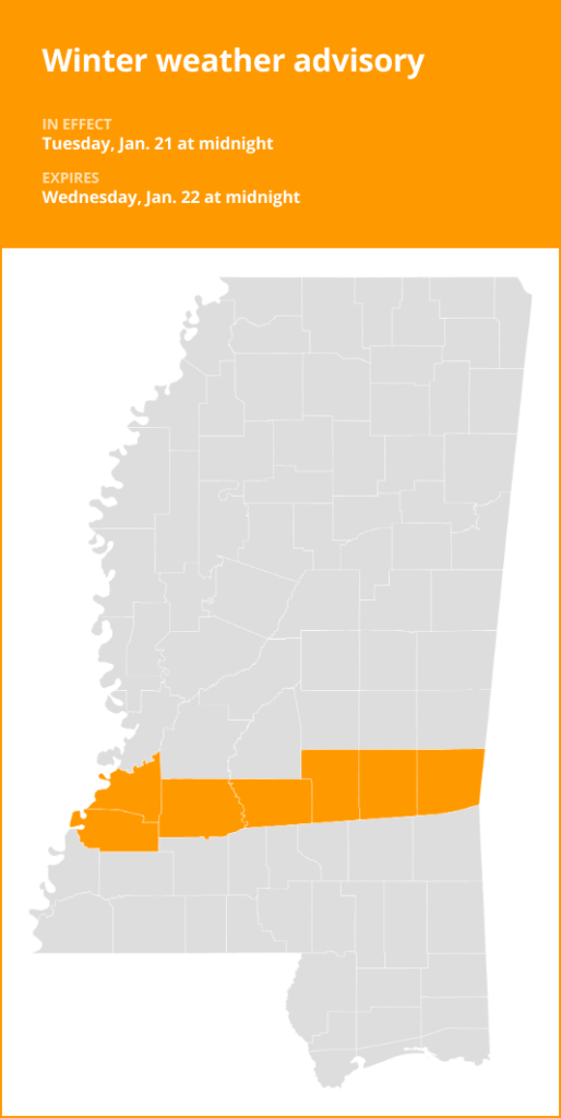 Winter weather advisory issued for southwest Mississippi for Tuesday and Wednesday